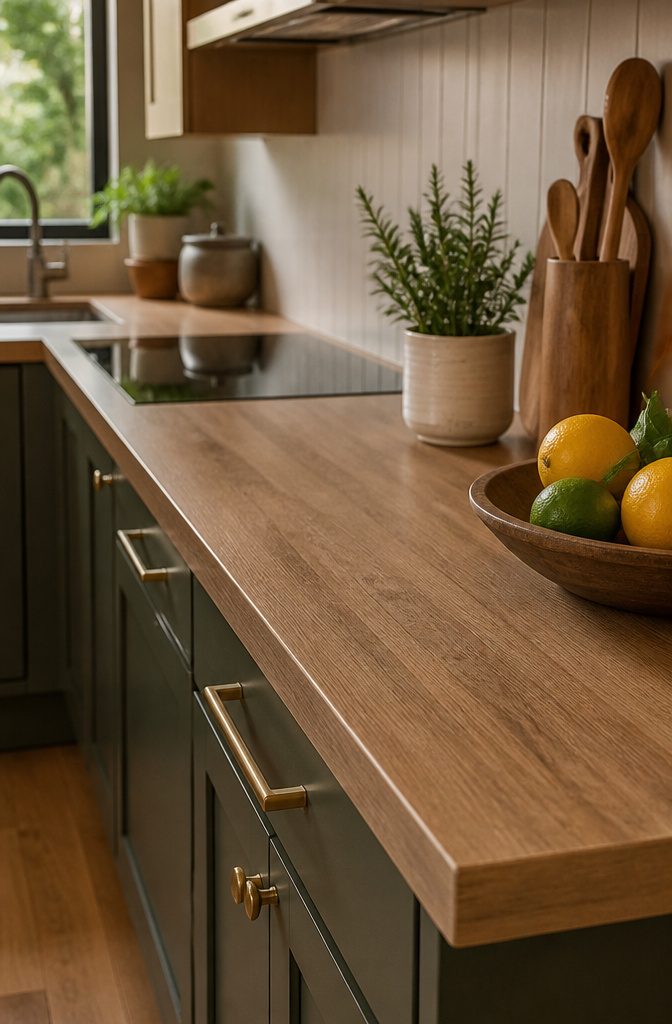 Wood laminate countertop in a renovated kitchen with rustic elements.