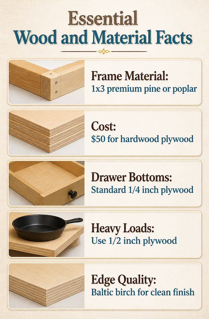 How to Build DIY Pull Out Drawers in Kitchen Cabinets in 7 Steps 10 A display of various wood types and materials for drawer construction.