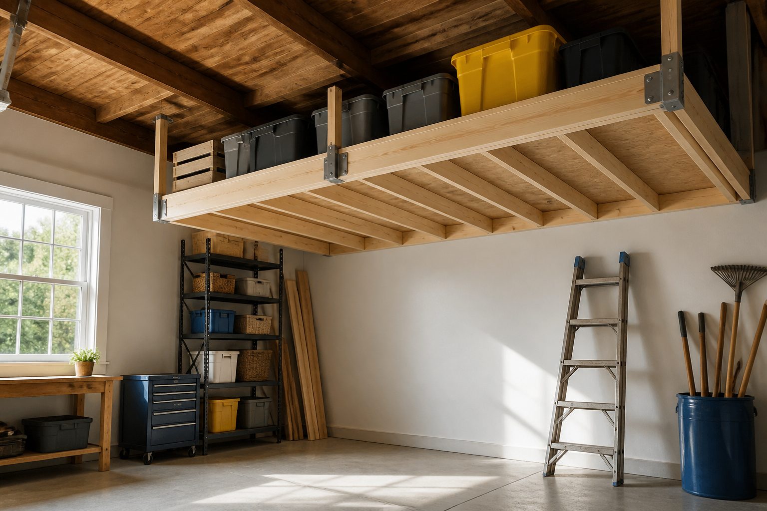 A garage interior featuring overhead wood shelves for storage.