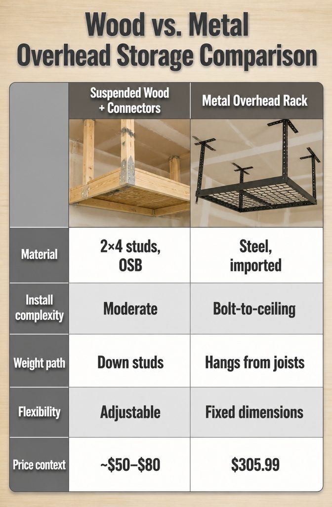 Wood Storage Garage Ceiling: How to Build Overhead Shelves in 6 Steps 8 A table comparing wood and metal overhead storage attributes.